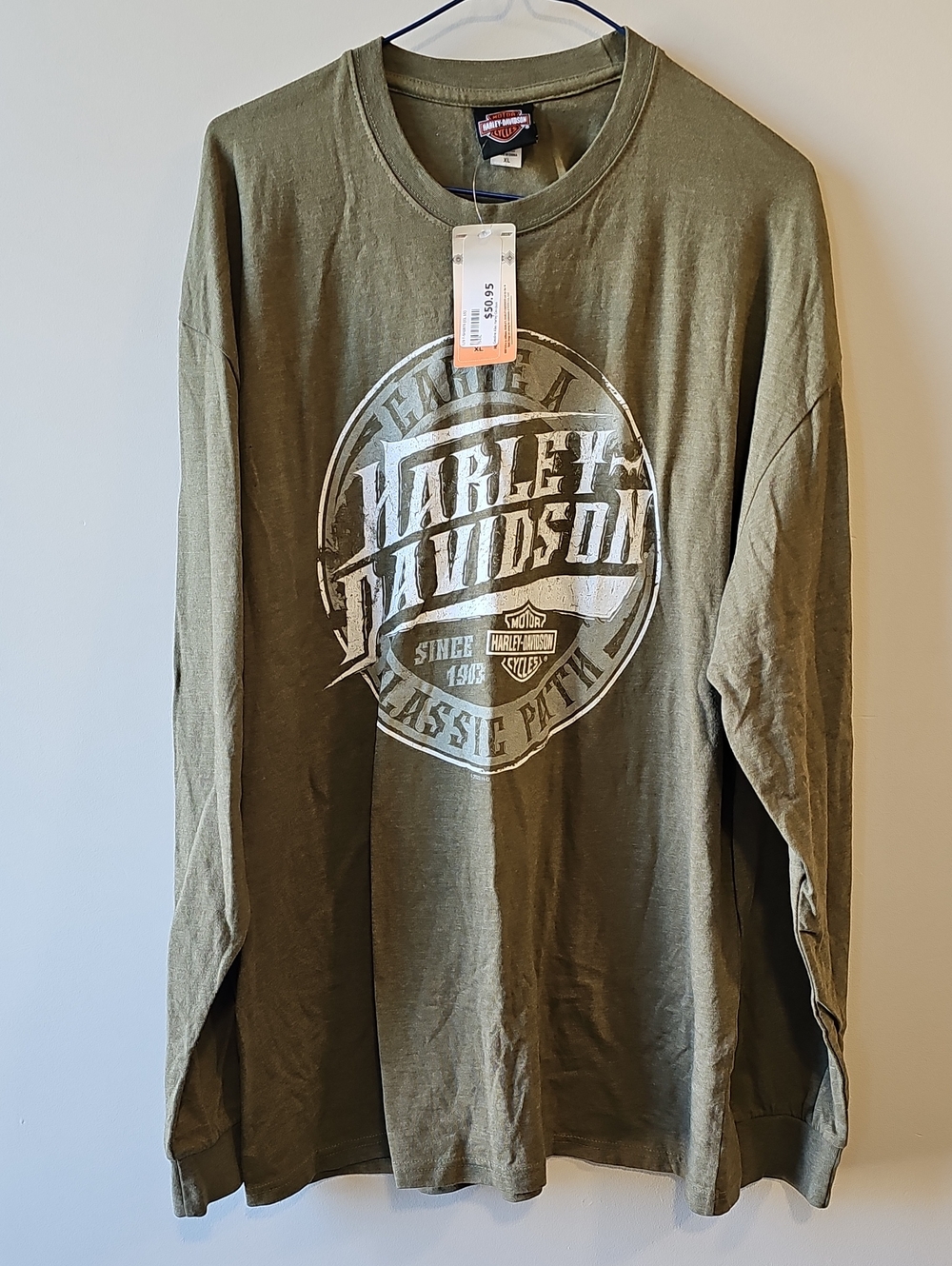 Harley-Davidson XL NWT Olive Green Long Sleeve Tee with White Logo
